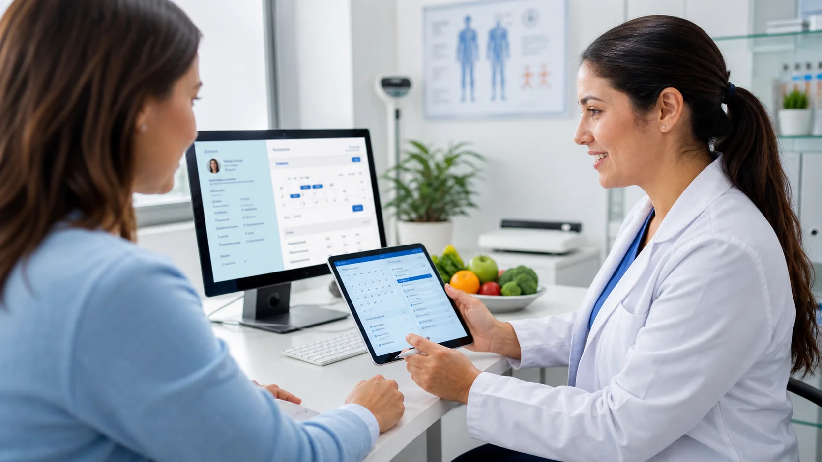 Profesional de una clínica utilizando un sistema digital de turnos e historias clínicas