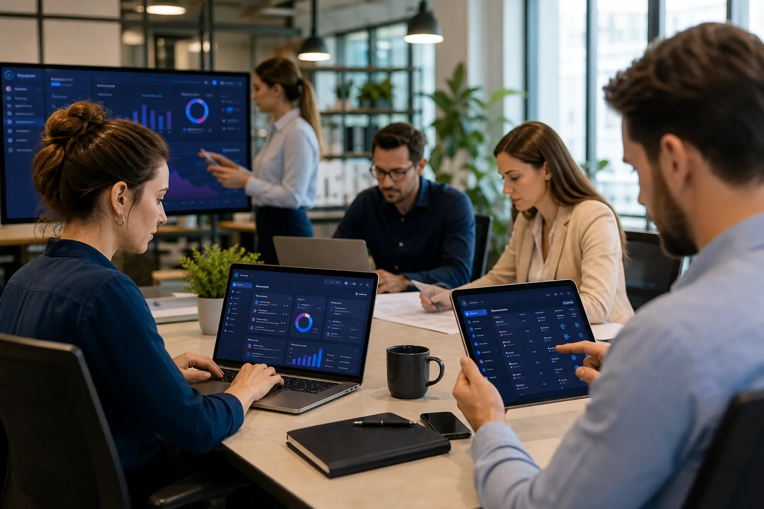 Equipo trabajando con un sistema interno desarrollado a medida