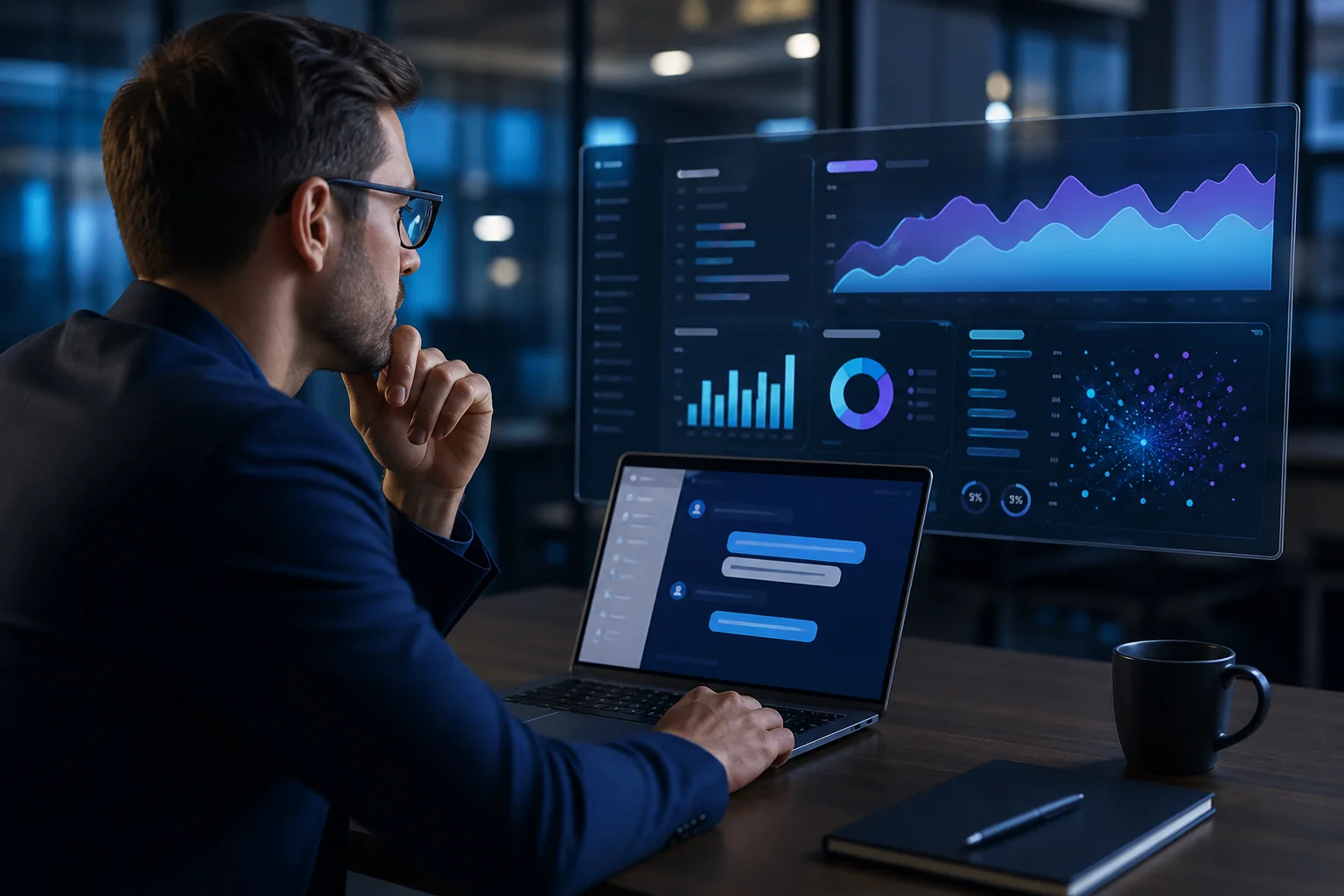 Profesional utilizando inteligencia artificial, chat y analítica empresarial