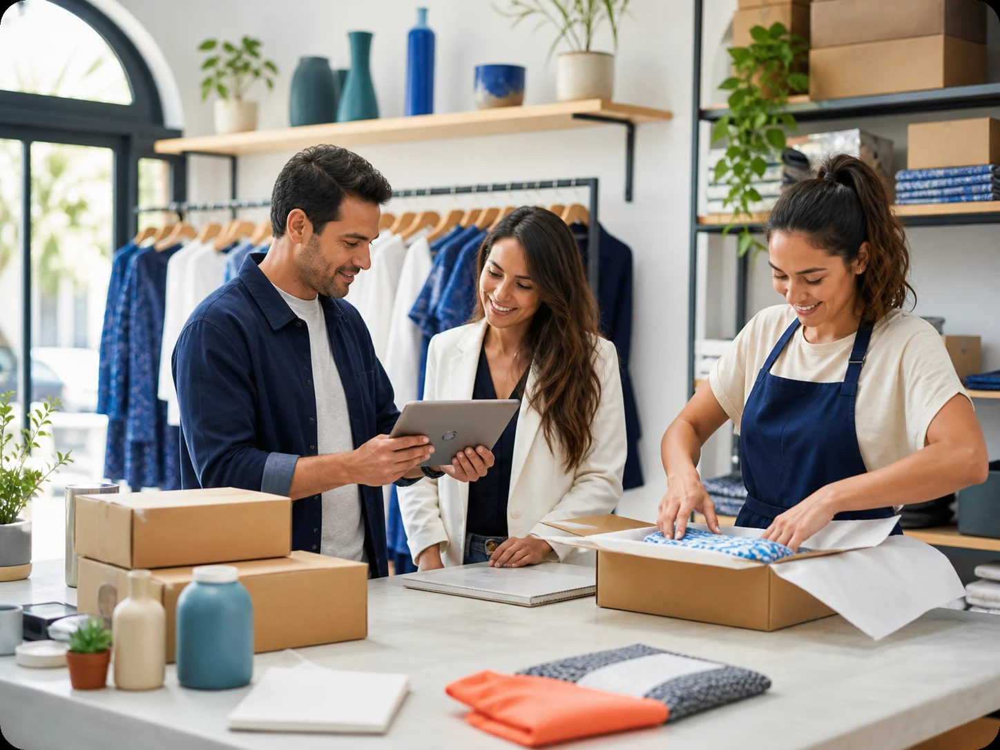 Equipo de un comercio preparando ventas y pedidos online